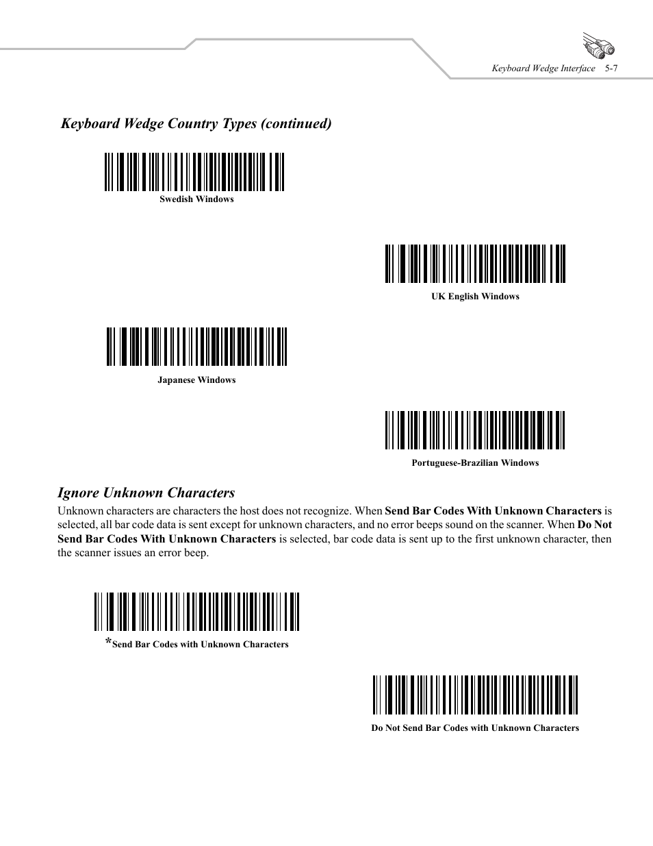 Ignore unknown characters, Keyboard wedge country types (continued) | Wasp Bar Code WLS 9500 User Manual | Page 53 / 189