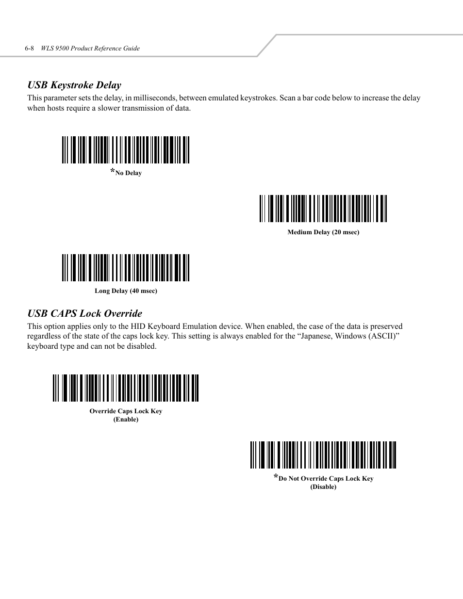 Usb keystroke delay, Usb caps lock override | Wasp Bar Code WLS 9500 User Manual | Page 76 / 189