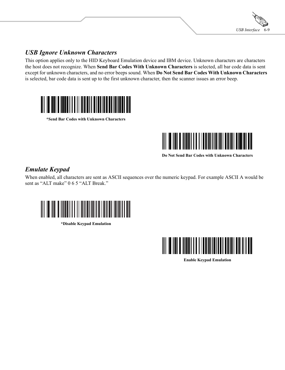 Usb ignore unknown characters, Emulate keypad | Wasp Bar Code WLS 9500 User Manual | Page 77 / 189