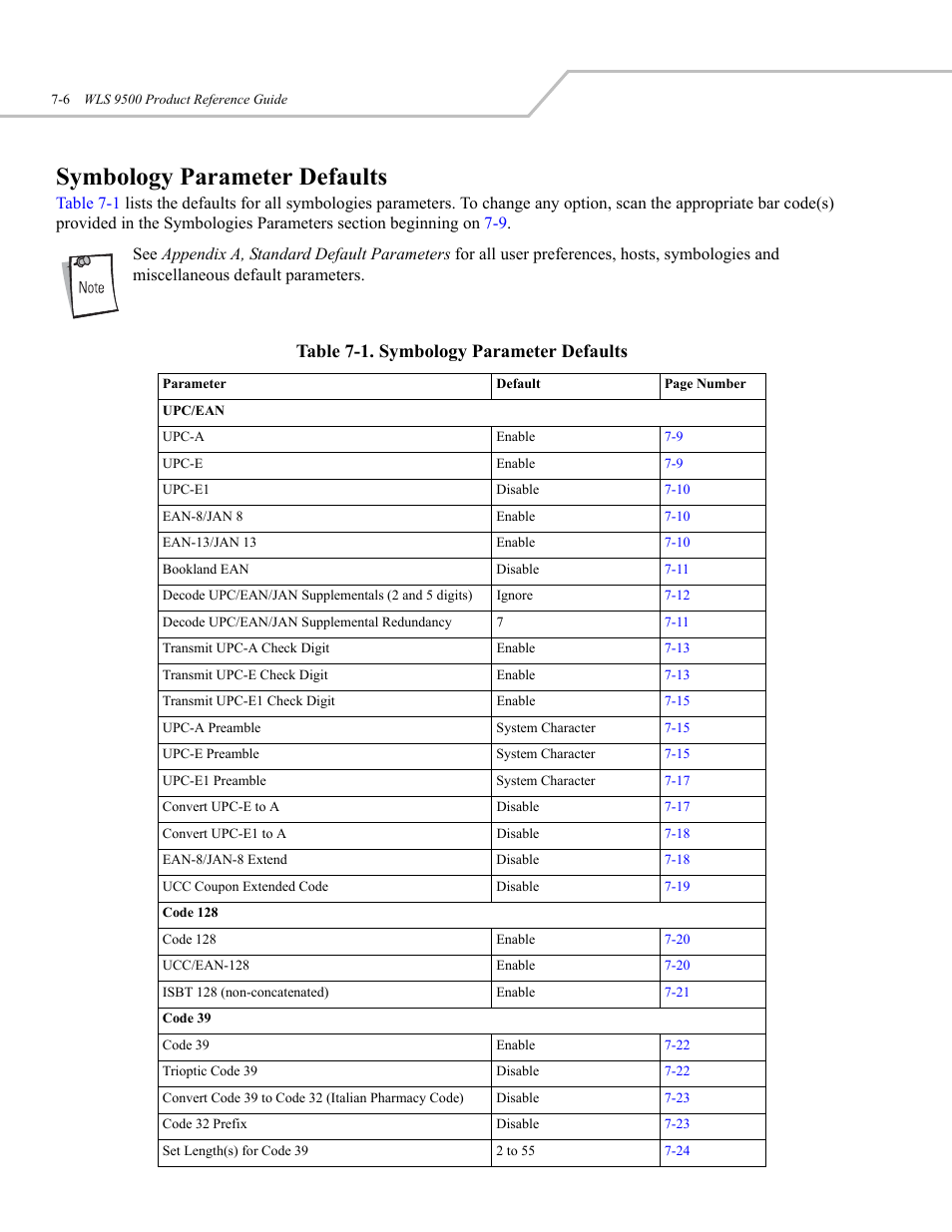 Symbology parameter defaults, Table 7-1. symbology parameter defaults | Wasp Bar Code WLS 9500 User Manual | Page 94 / 189