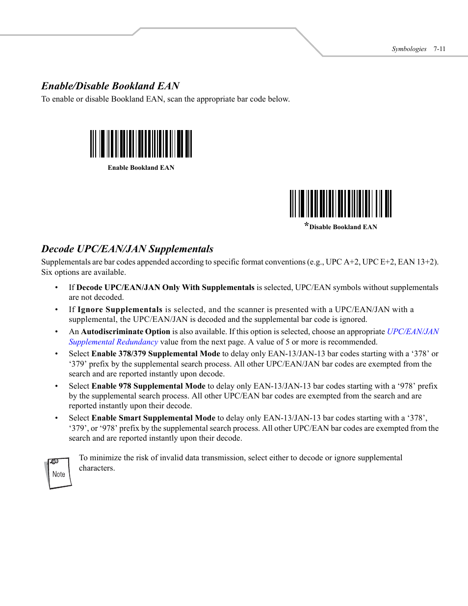 Enable/disable bookland ean, Decode upc/ean/jan supplementals | Wasp Bar Code WLS 9500 User Manual | Page 99 / 189