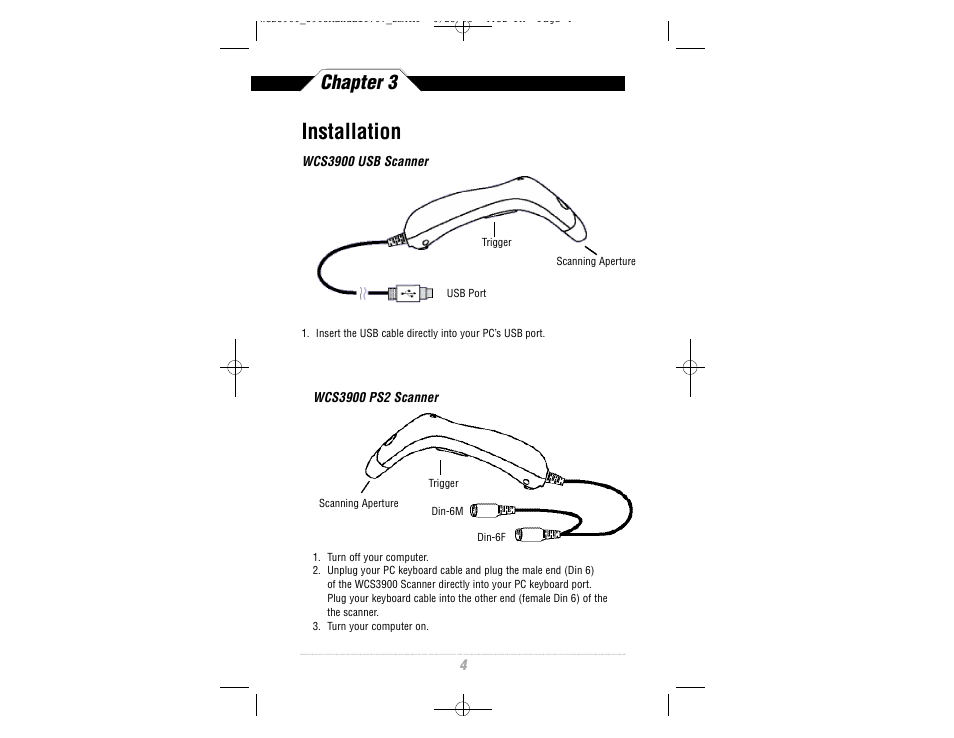 Installation, Chapter 3 | Wasp Bar Code CCD Scanner User Manual | Page 6 / 44