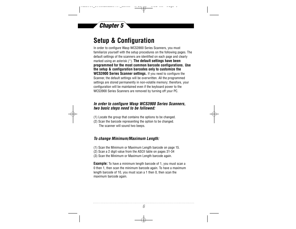 Setup & configuration, Chapter 5 | Wasp Bar Code CCD Scanner User Manual | Page 8 / 44