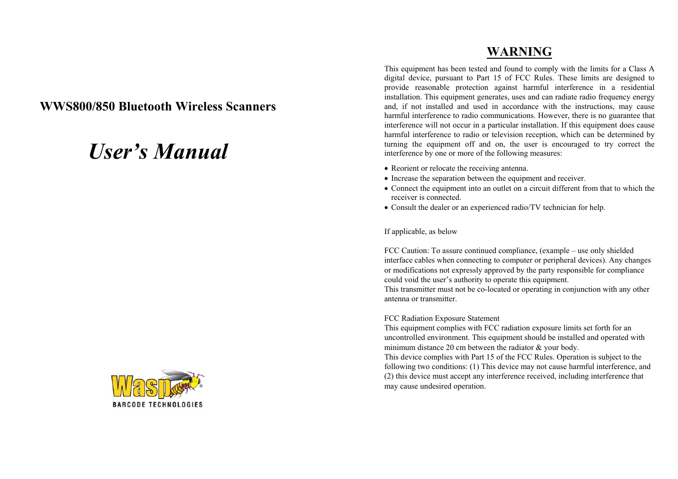 Wasp Bar Code WWS800 User Manual | 22 pages