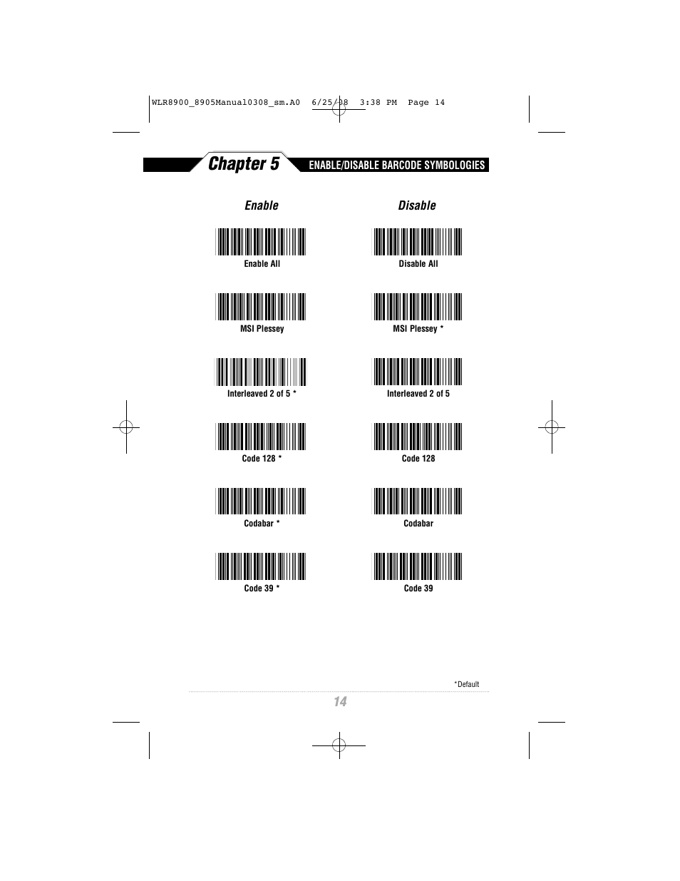 Chapter 5, Enable disable | Wasp Bar Code WLR8900 Series User Manual | Page 16 / 44