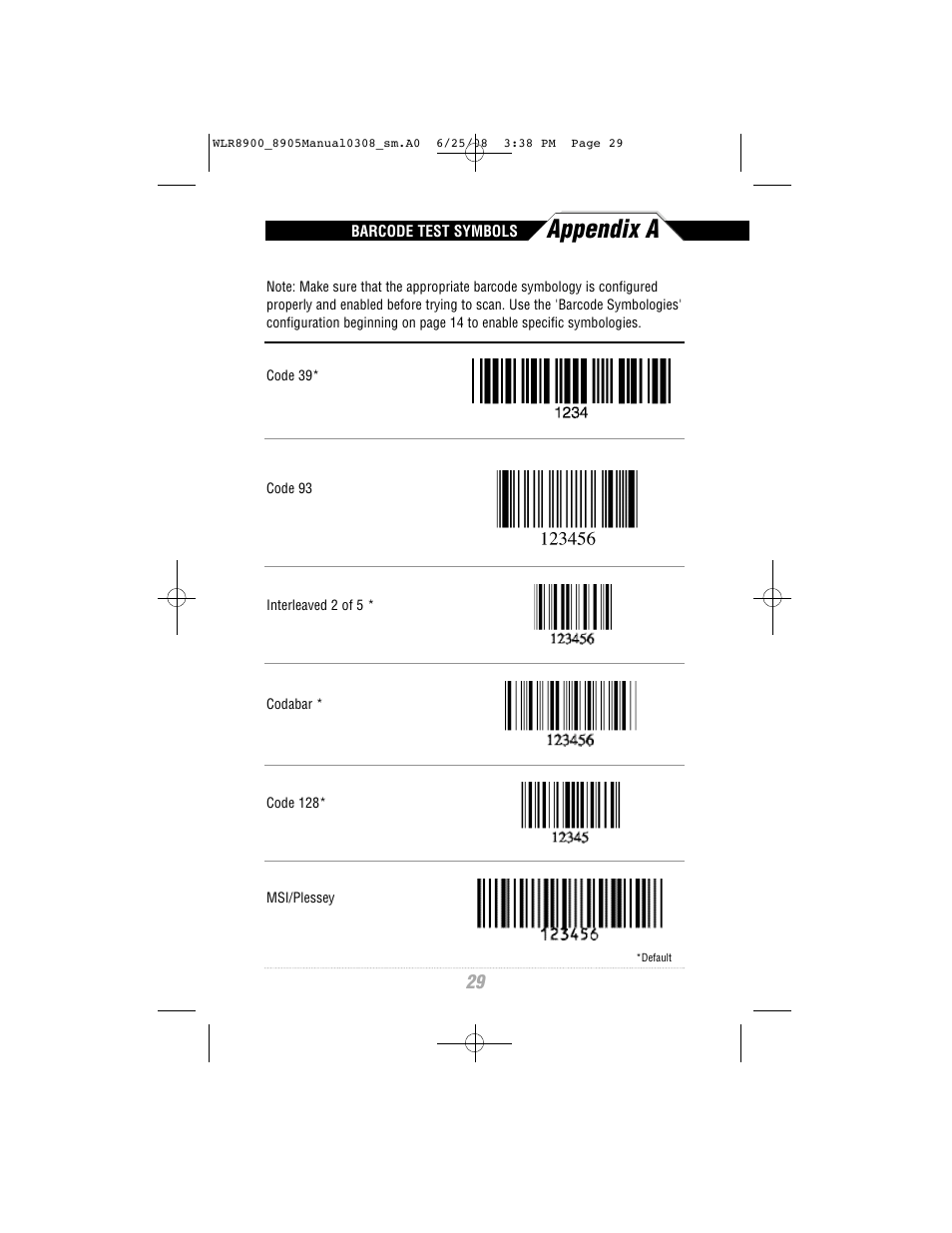 Appendix a | Wasp Bar Code WLR8900 Series User Manual | Page 31 / 44