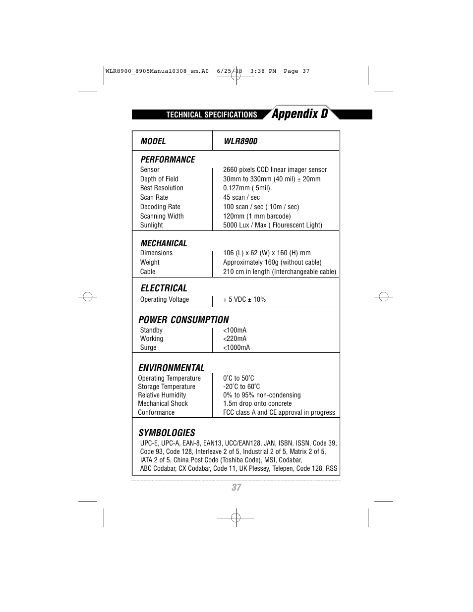 Appendix d | Wasp Bar Code WLR8900 Series User Manual | Page 39 / 44
