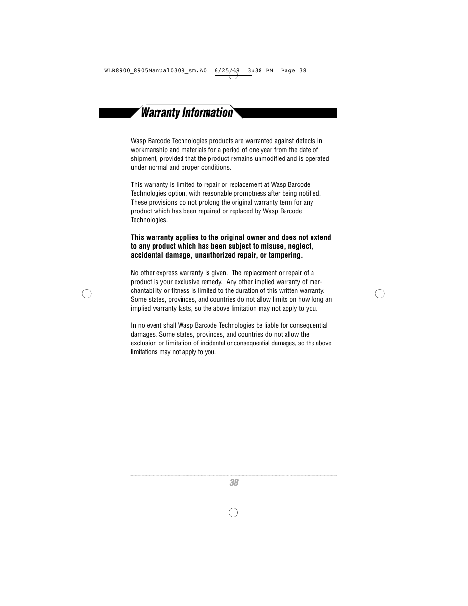 Warranty information | Wasp Bar Code WLR8900 Series User Manual | Page 40 / 44