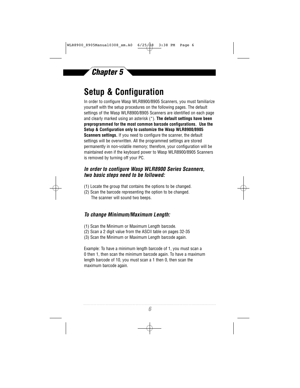 Setup & configuration, Chapter 5 | Wasp Bar Code WLR8900 Series User Manual | Page 8 / 44