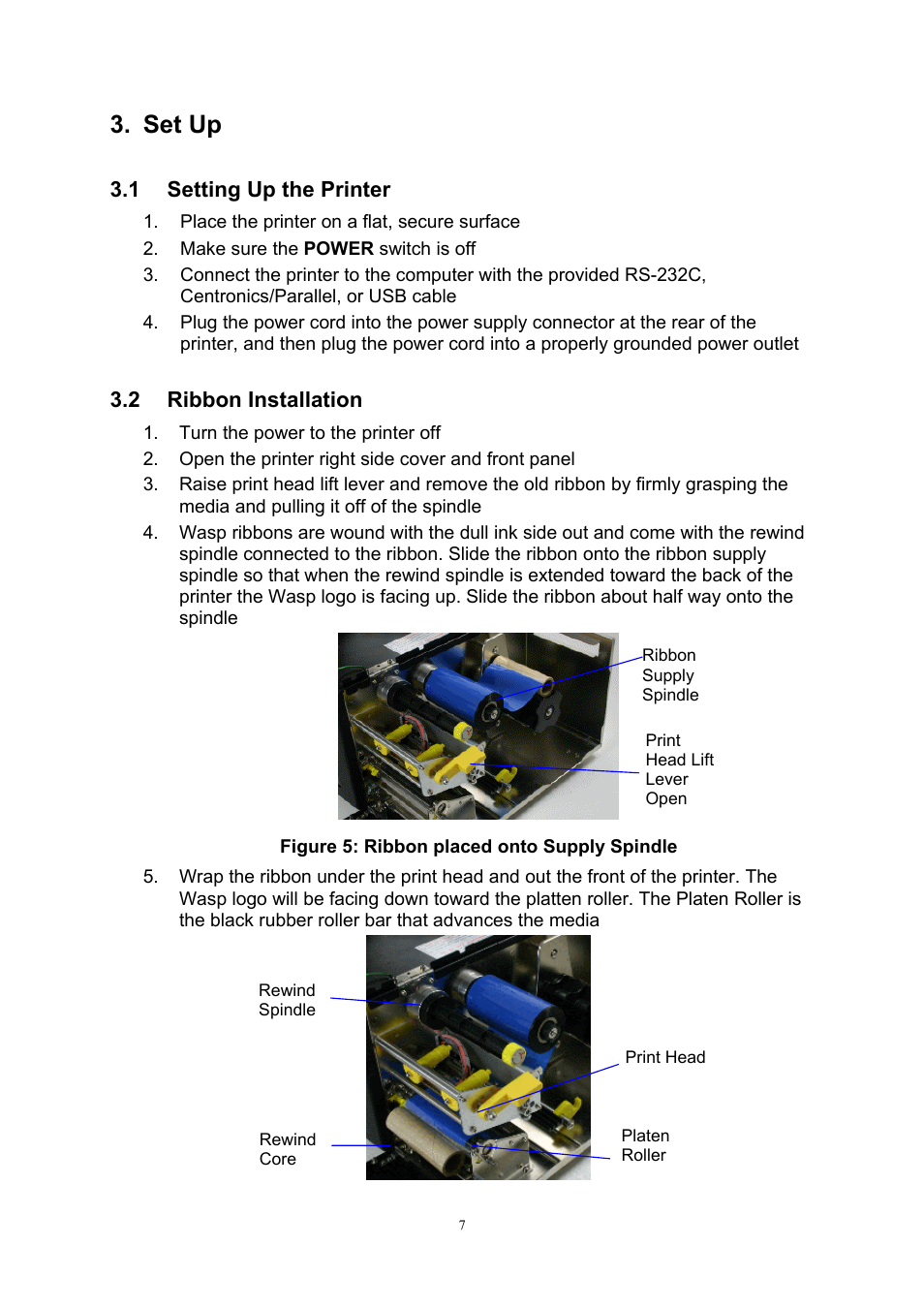 Set up, 1setting up the printer, 2ribbon installation | 1 setting up the printer 3.2 ribbon installation | Wasp Bar Code Wasp WPL606 User Manual | Page 11 / 24