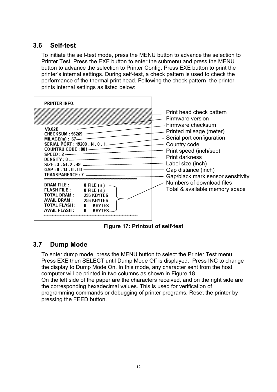 6 self-test, 7dump mode, 6 self-test 3.7 dump mode | Wasp Bar Code Wasp WPL606 User Manual | Page 16 / 24