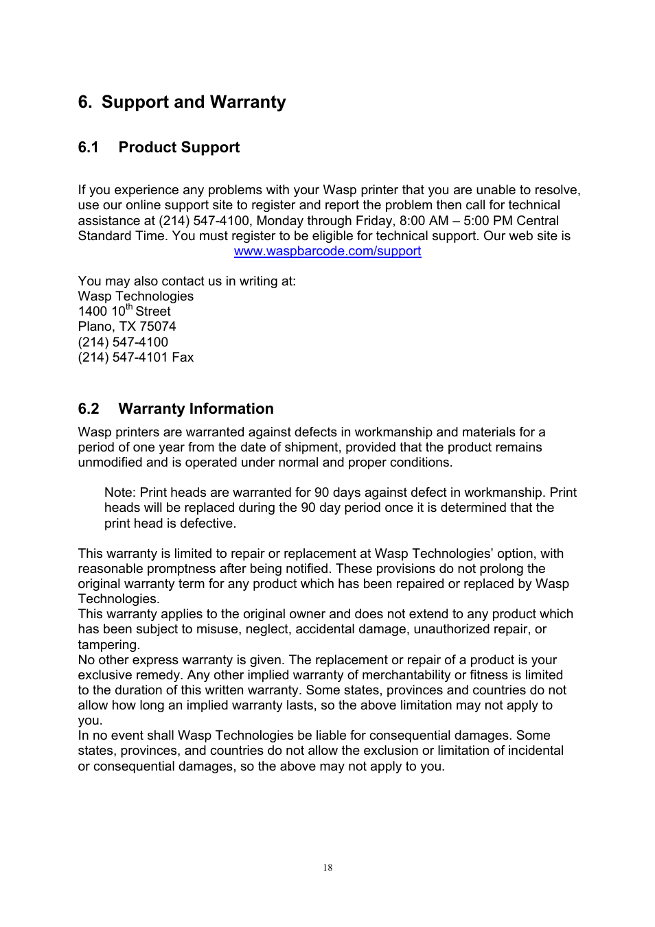 Support and warranty, 1product support, 2warranty information | 1 product support 6.2 warranty information | Wasp Bar Code Wasp WPL606 User Manual | Page 22 / 24