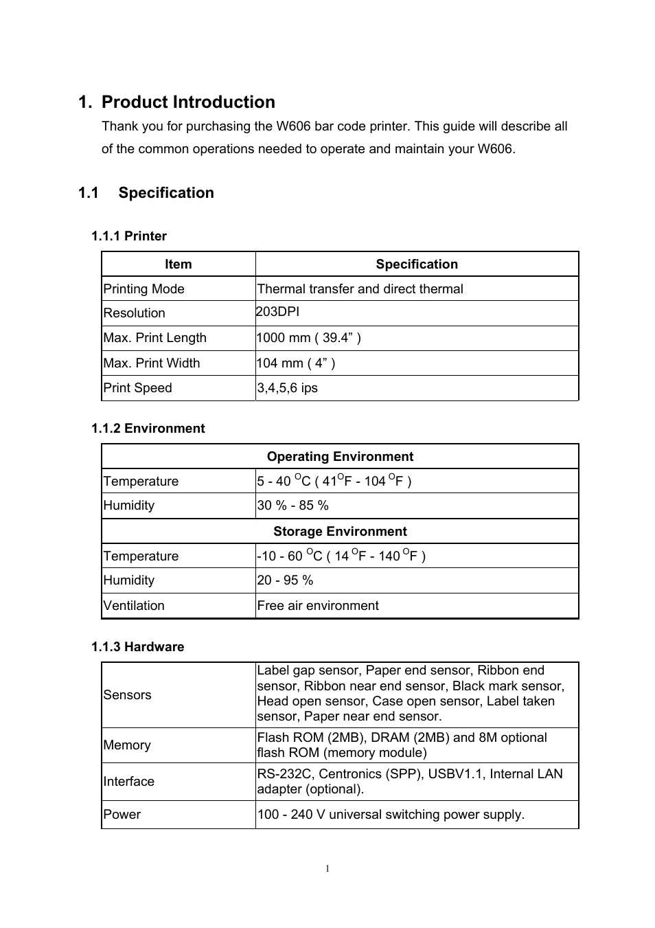 Product introduction, 1specification, 1 printer | 2 environment, 3 hardware, 1 specification, 1 printer 1.1.2 environment 1.1.3 hardware | Wasp Bar Code Wasp WPL606 User Manual | Page 5 / 24