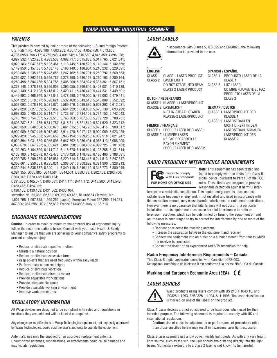 Patents, Ergonomic recommendations, Regulatory information | Wasp duraline industrial scanner | Wasp Bar Code DuraLine WLS 8400 ER/FZ Series User Manual | Page 4 / 4