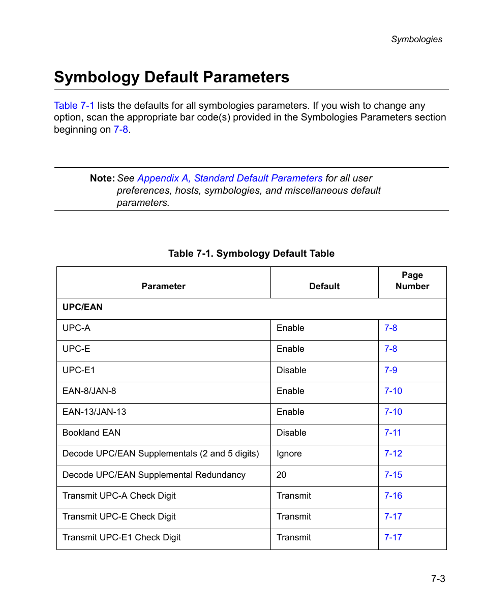 Symbology default parameters, Symbology default parameters -3, Symbology default table | Wasp Bar Code WPS100 User Manual | Page 123 / 466