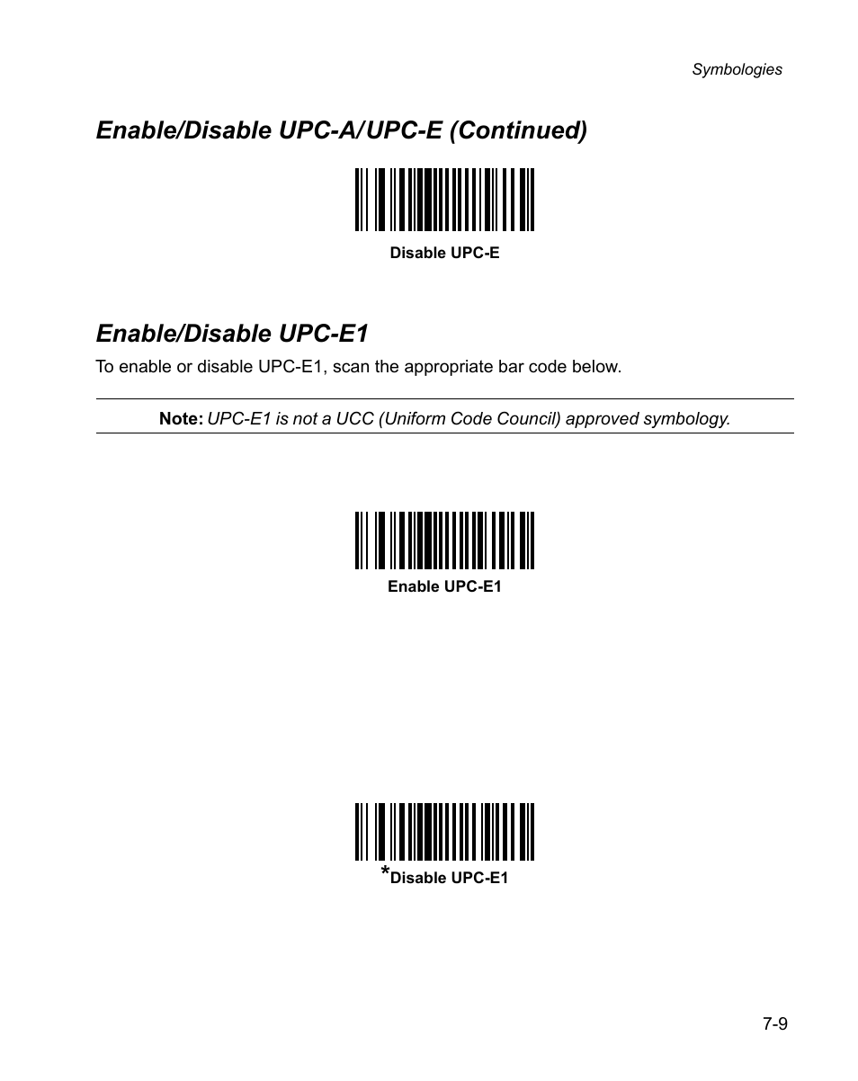 Enable/disable upc-e1, Enable/disable upc-e1 -9, Enable/disable upc-a/upc-e (continued) | Wasp Bar Code WPS100 User Manual | Page 129 / 466