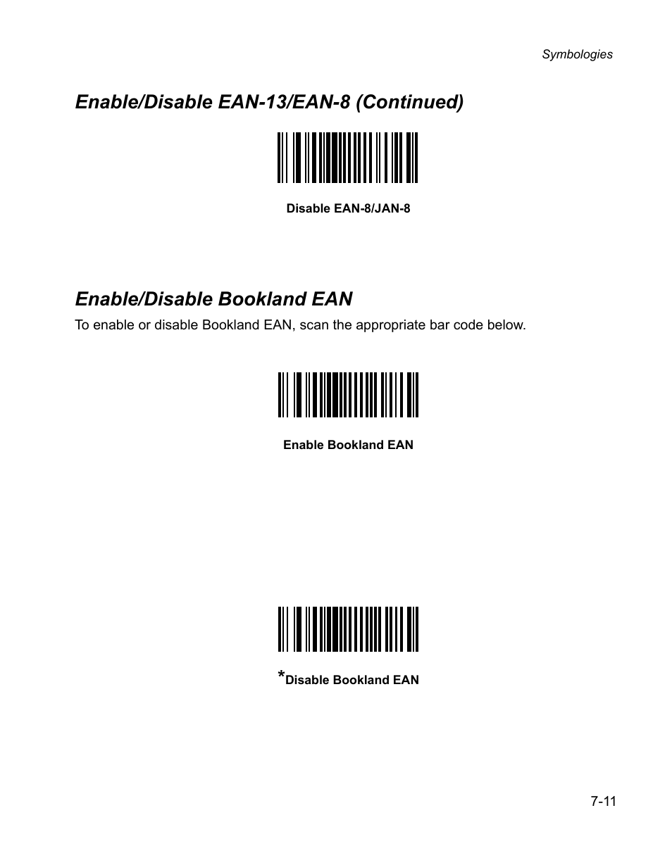 Enable/disable bookland ean, Enable/disable bookland ean -11, Enable/disable ean-13/ean-8 (continued) | Wasp Bar Code WPS100 User Manual | Page 131 / 466