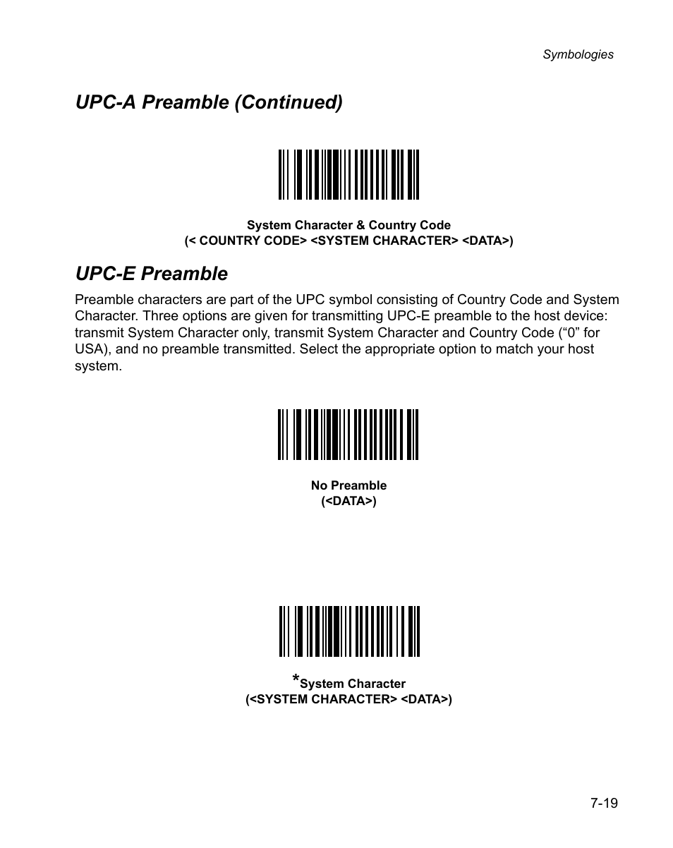 Upc-e preamble, Upc-e preamble -19, Upc-a preamble (continued) | Wasp Bar Code WPS100 User Manual | Page 139 / 466