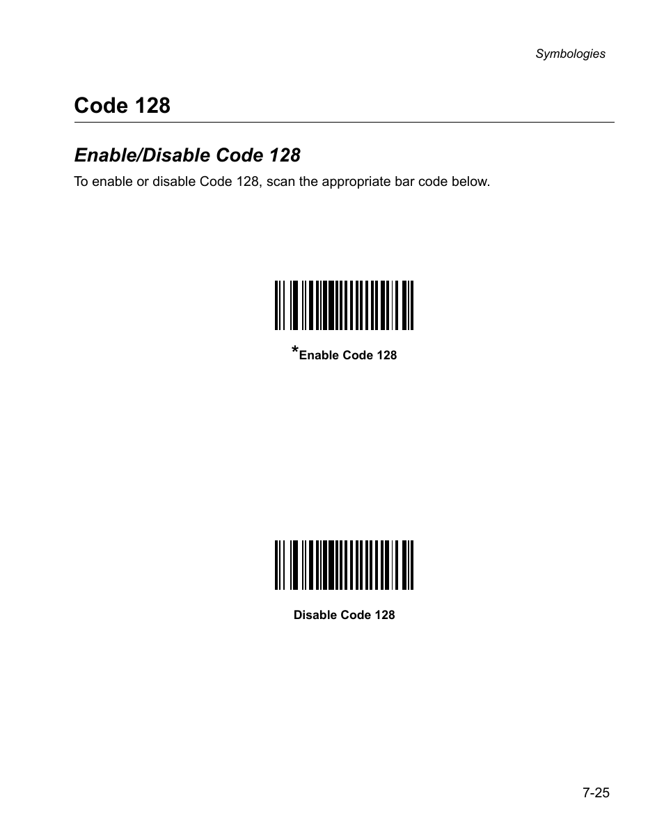 Code 128, Enable/disable code 128, Code 128 -25 | Enable/disable code 128 -25 | Wasp Bar Code WPS100 User Manual | Page 145 / 466