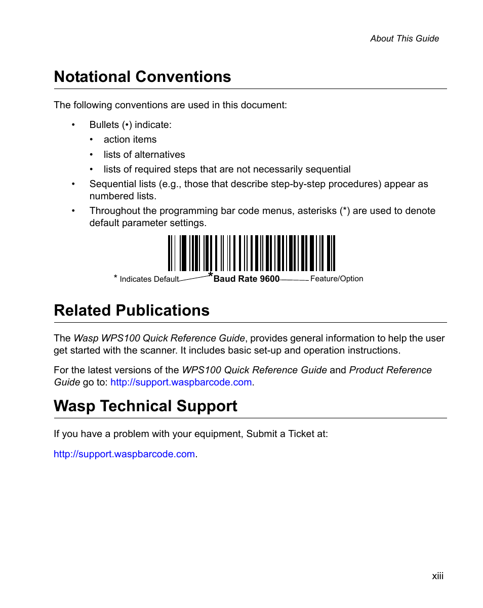 Notational conventions, Related publications, Wasp technical support | Wasp Bar Code WPS100 User Manual | Page 15 / 466