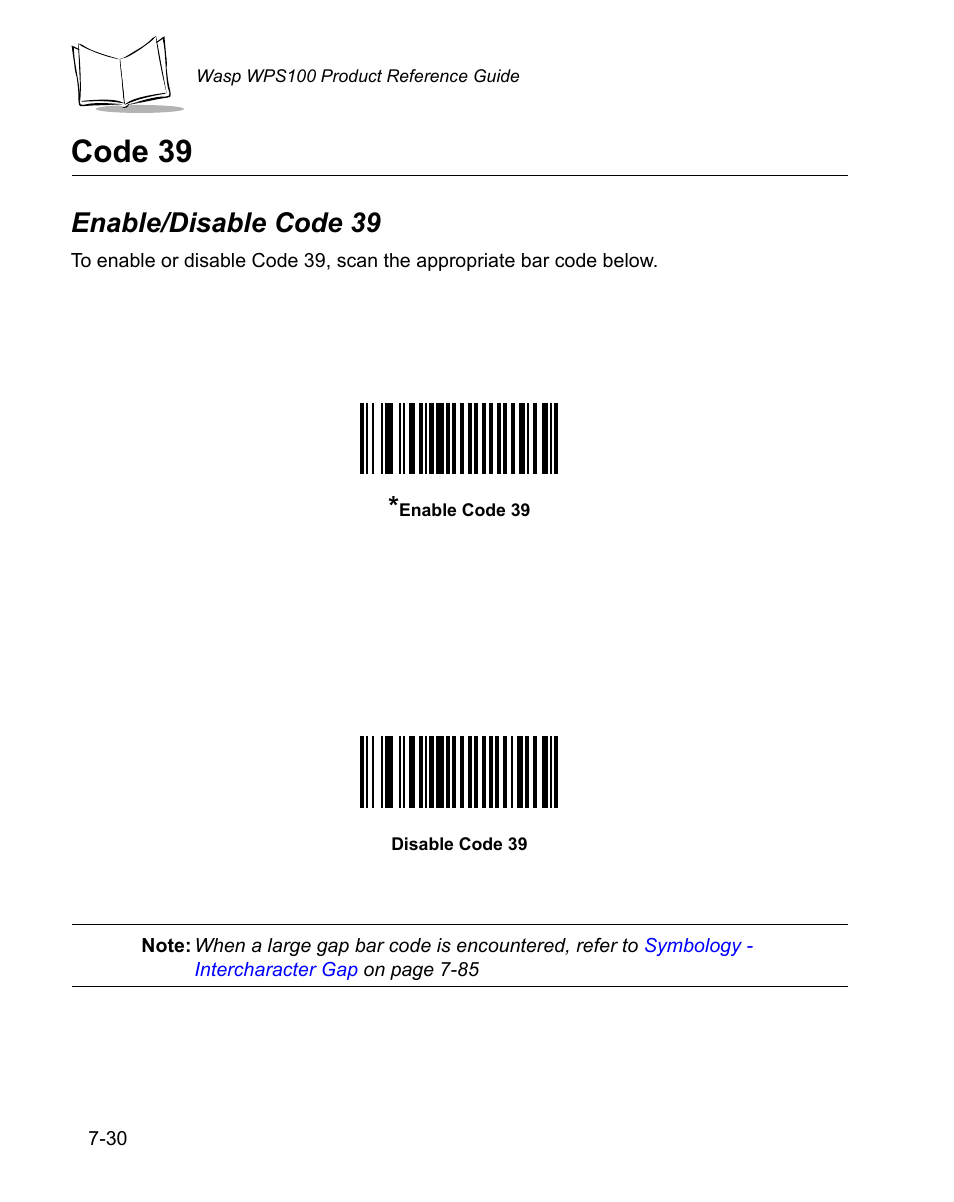 Code 39, Enable/disable code 39, Code 39 -30 | Enable/disable code 39 -30 | Wasp Bar Code WPS100 User Manual | Page 150 / 466