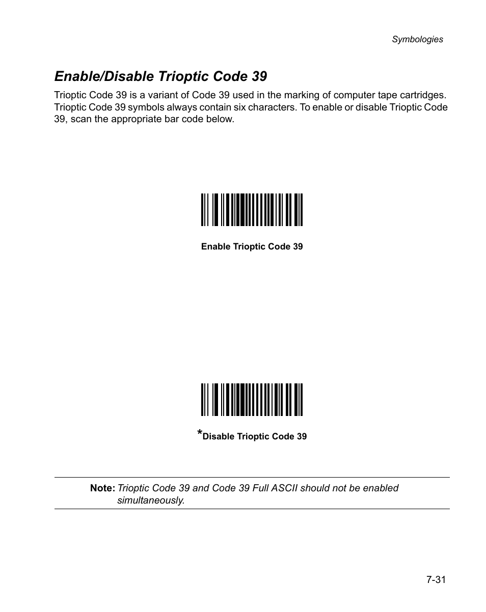 Enable/disable trioptic code 39, Enable/disable trioptic code 39 -31 | Wasp Bar Code WPS100 User Manual | Page 151 / 466