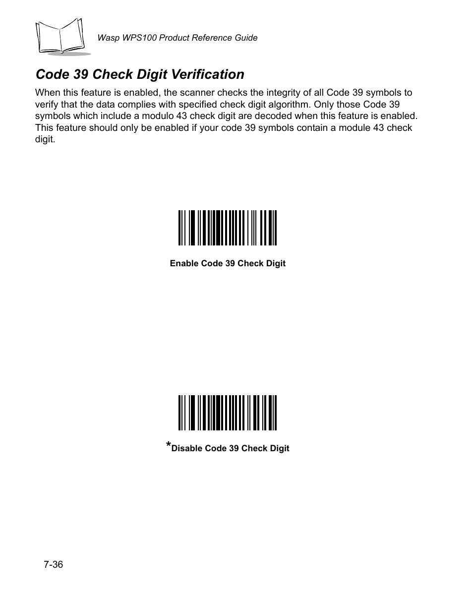 Code 39 check digit verification, Code 39 check digit verification -36 | Wasp Bar Code WPS100 User Manual | Page 156 / 466