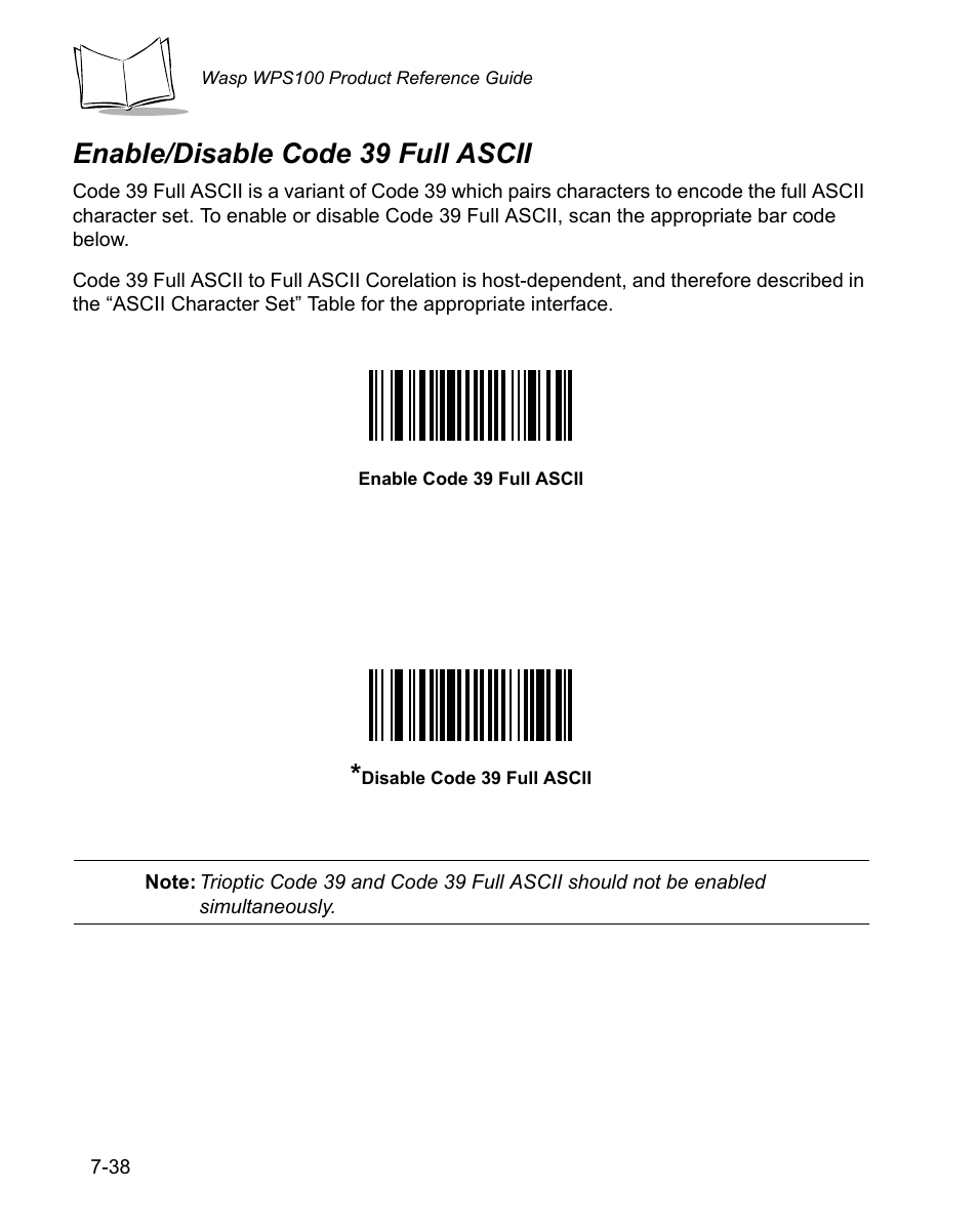 Enable/disable code 39 full ascii, Enable/disable code 39 full ascii -38 | Wasp Bar Code WPS100 User Manual | Page 158 / 466