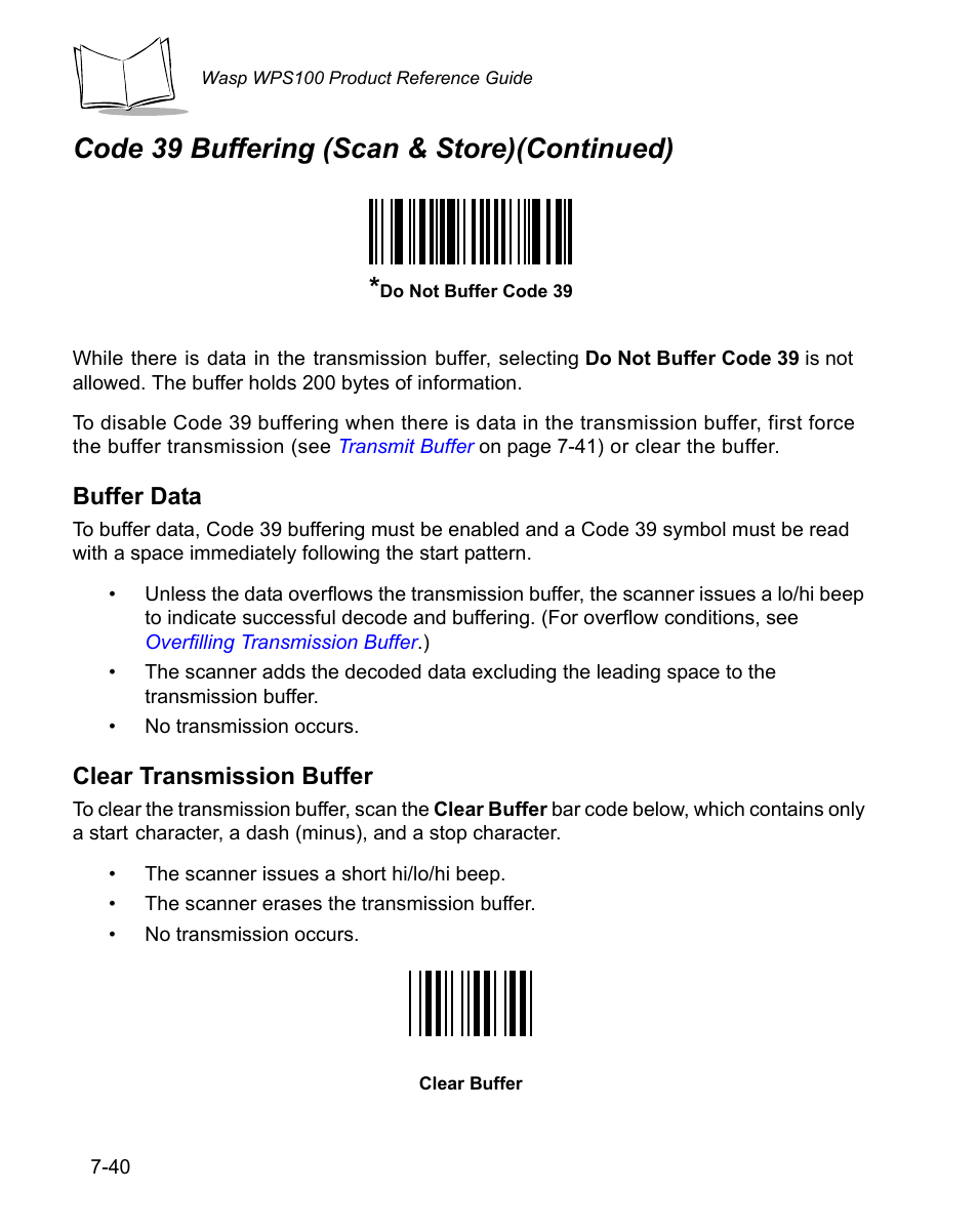 Code 39 buffering (scan & store)(continued) | Wasp Bar Code WPS100 User Manual | Page 160 / 466