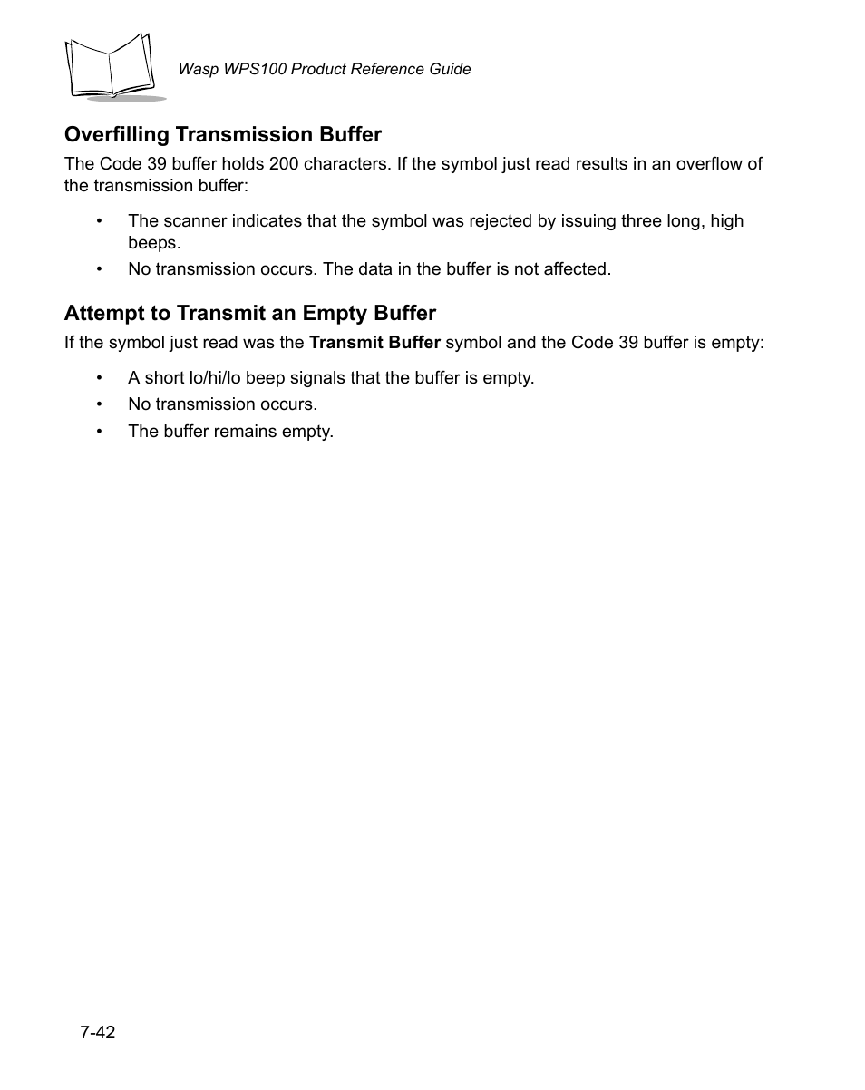 Overfilling transmission buffer, Attempt to transmit an empty buffer | Wasp Bar Code WPS100 User Manual | Page 162 / 466