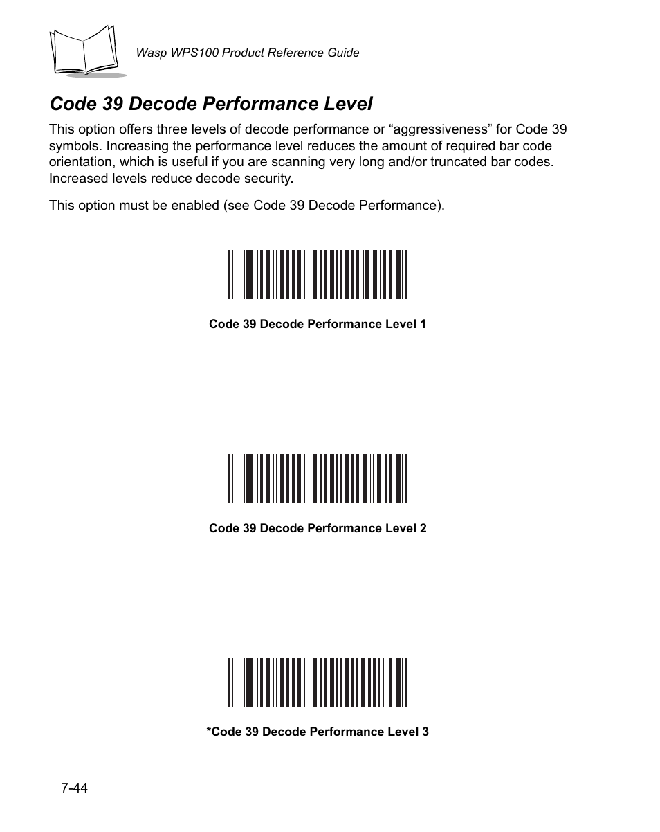 Code 39 decode performance level, Code 39 decode performance level -44 | Wasp Bar Code WPS100 User Manual | Page 164 / 466