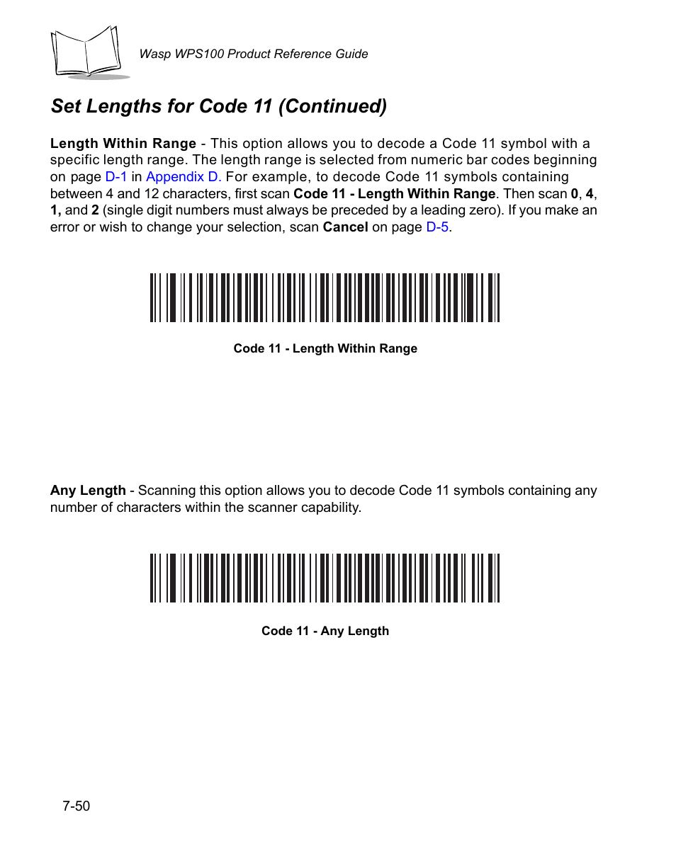 Set lengths for code 11 (continued) | Wasp Bar Code WPS100 User Manual | Page 170 / 466