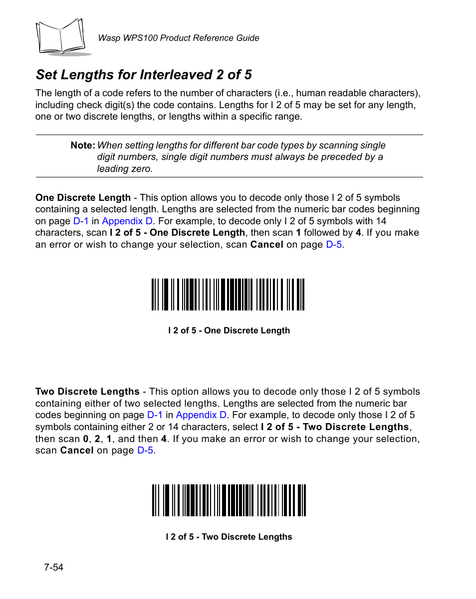 Set lengths for interleaved 2 of 5, Set lengths for interleaved 2 of 5 -54 | Wasp Bar Code WPS100 User Manual | Page 174 / 466