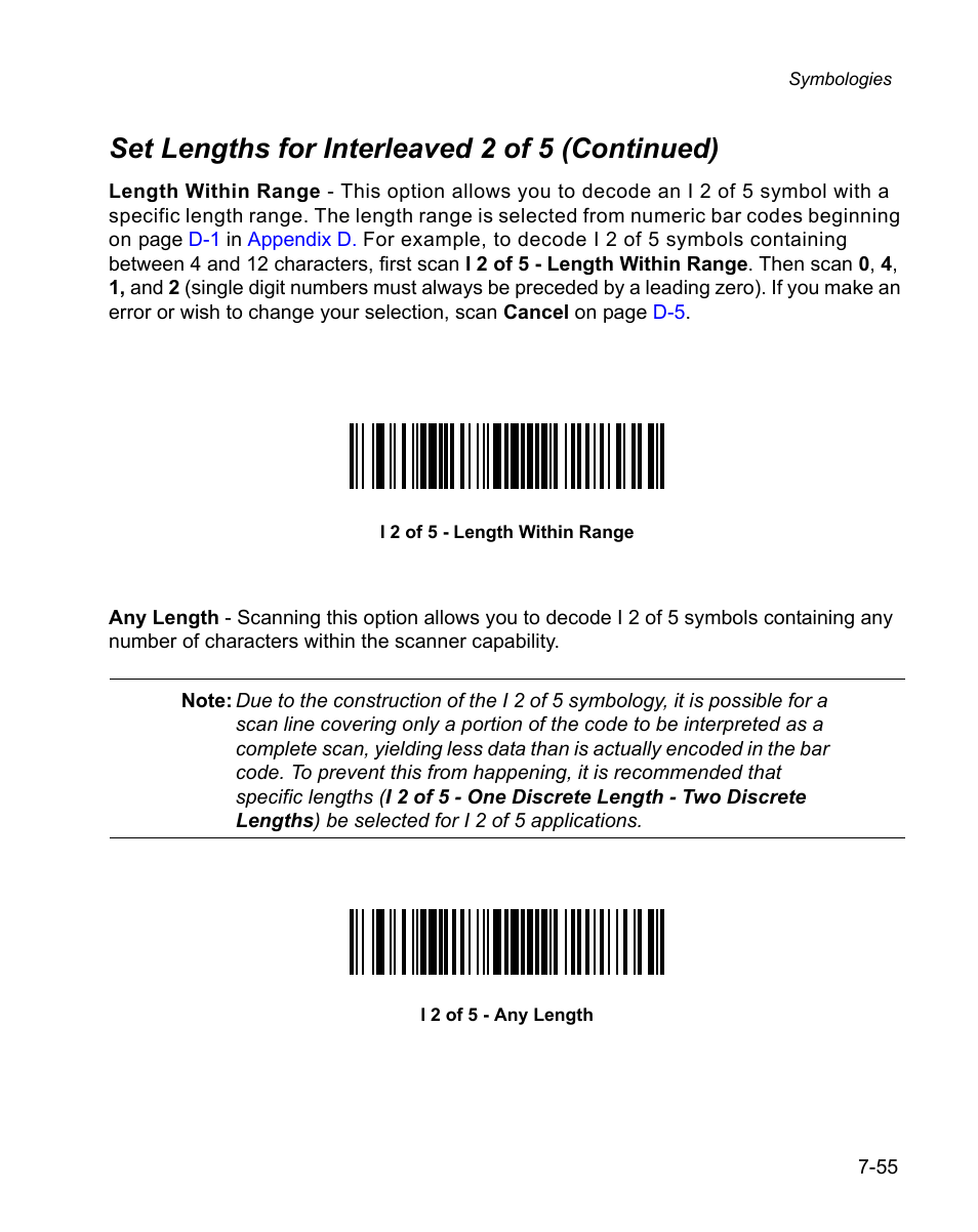 Set lengths for interleaved 2 of 5 (continued) | Wasp Bar Code WPS100 User Manual | Page 175 / 466