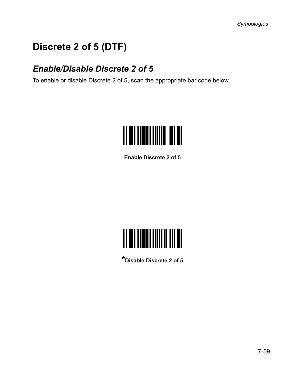 Discrete 2 of 5 (dtf), Enable/disable discrete 2 of 5, Discrete 2 of 5 (dtf) -59 | Enable/disable discrete 2 of 5 -59 | Wasp Bar Code WPS100 User Manual | Page 179 / 466