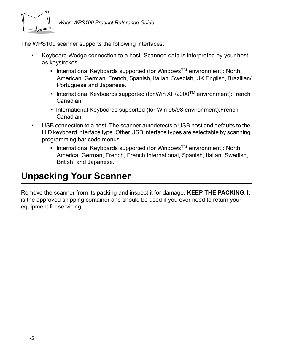 Unpacking your scanner, Unpacking your scanner -2 | Wasp Bar Code WPS100 User Manual | Page 18 / 466