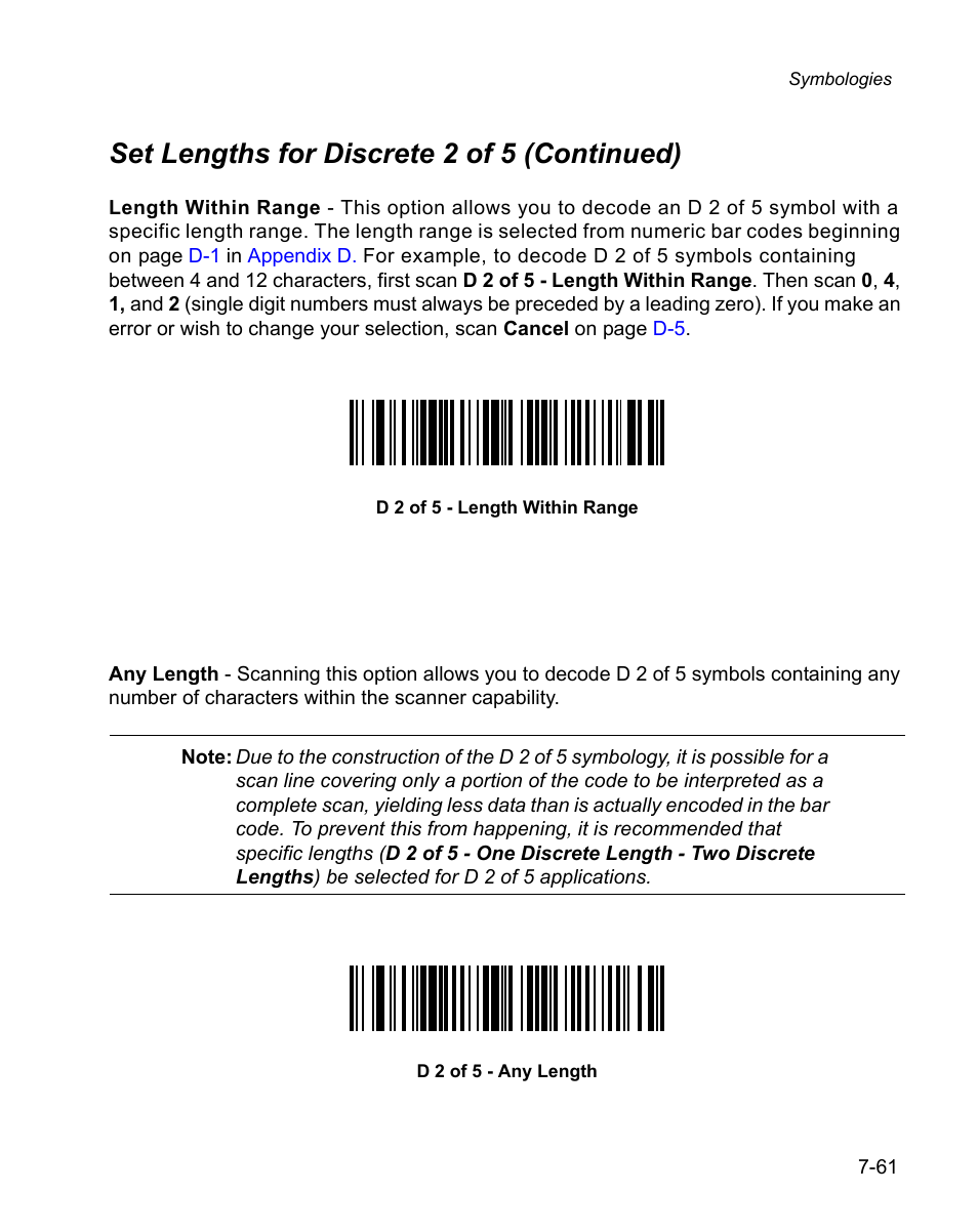 Set lengths for discrete 2 of 5 (continued) | Wasp Bar Code WPS100 User Manual | Page 181 / 466