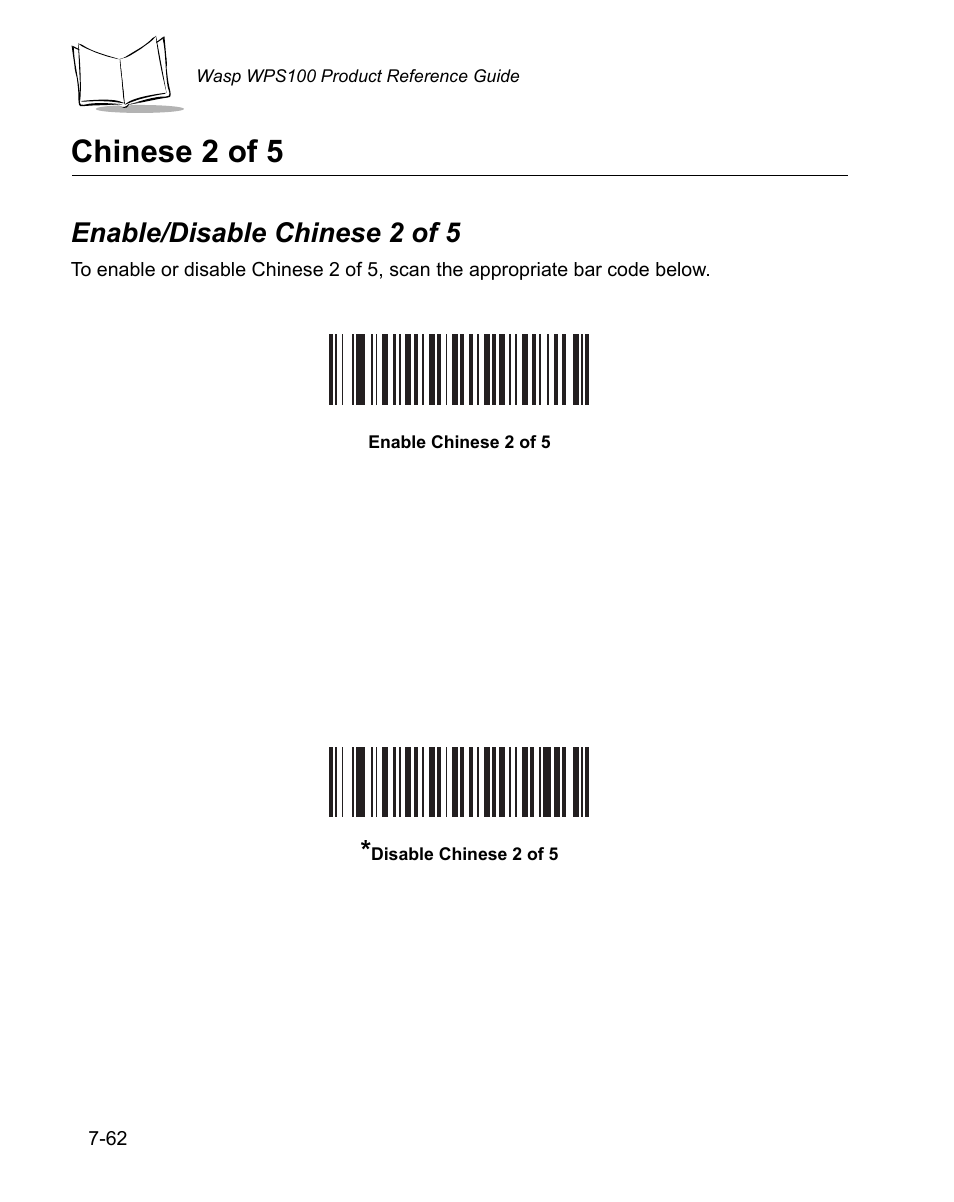 Chinese 2 of 5, Enable/disable chinese 2 of 5, Chinese 2 of 5 -62 | Enable/disable chinese 2 of 5 -62 | Wasp Bar Code WPS100 User Manual | Page 182 / 466