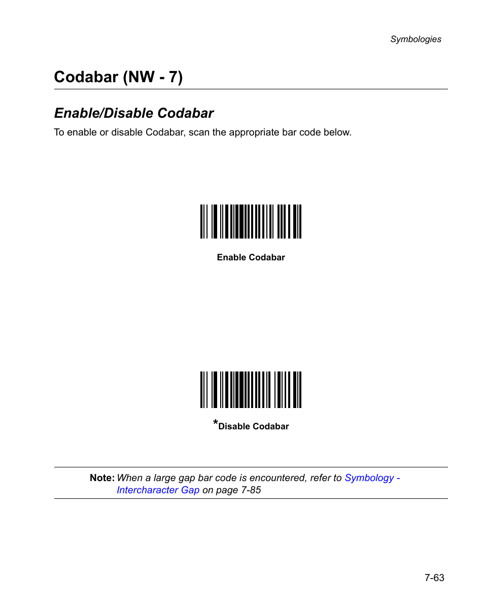 Codabar (nw - 7), Enable/disable codabar, Codabar (nw - 7) -63 | Enable/disable codabar -63 | Wasp Bar Code WPS100 User Manual | Page 183 / 466