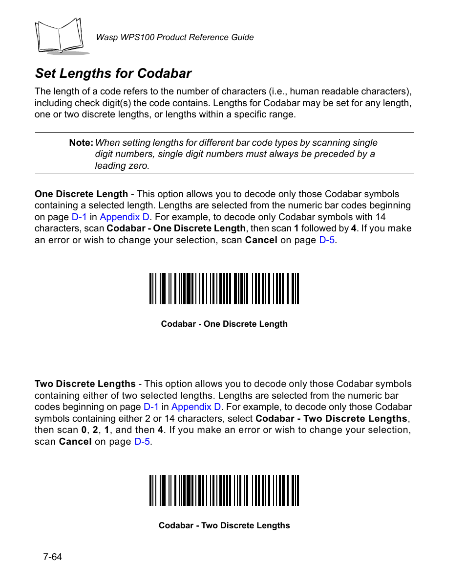 Set lengths for codabar, Set lengths for codabar -64 | Wasp Bar Code WPS100 User Manual | Page 184 / 466