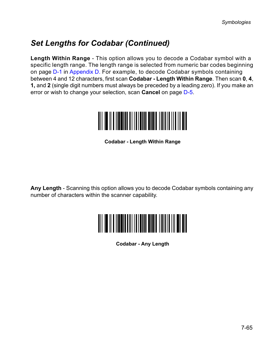 Set lengths for codabar (continued) | Wasp Bar Code WPS100 User Manual | Page 185 / 466