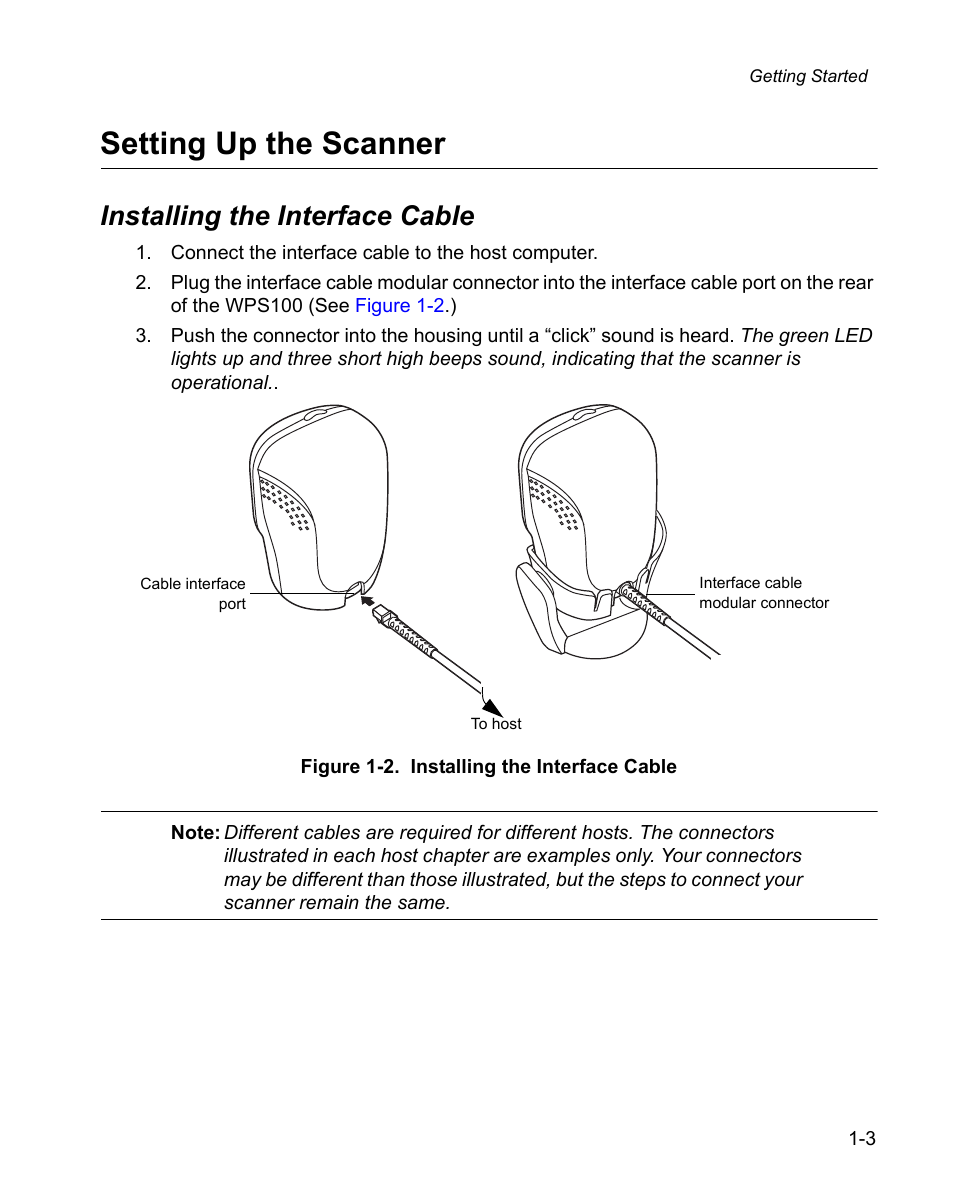 Setting up the scanner, Installing the interface cable, Setting up the scanner -3 | Installing the interface cable -3 | Wasp Bar Code WPS100 User Manual | Page 19 / 466