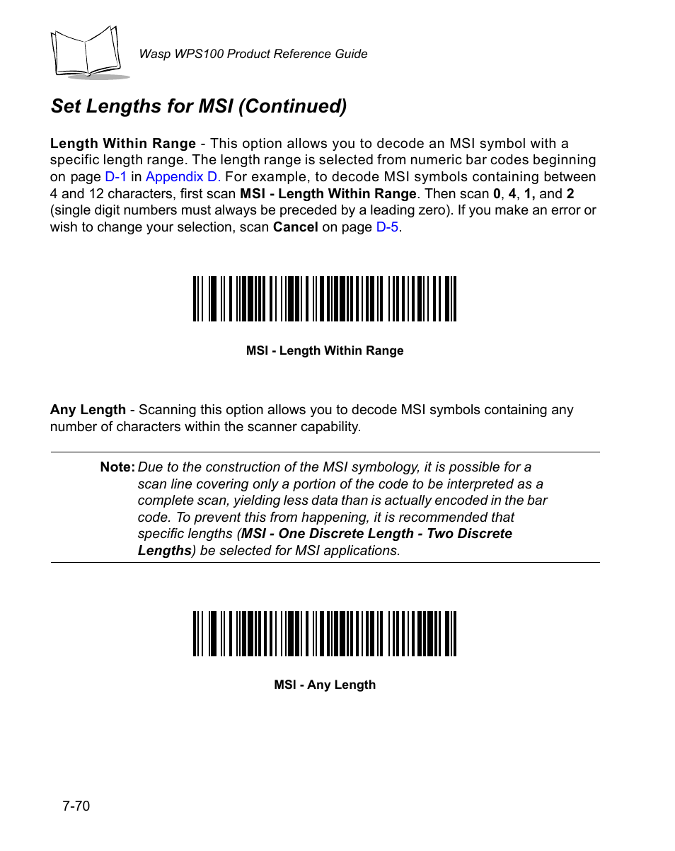 Set lengths for msi (continued) | Wasp Bar Code WPS100 User Manual | Page 190 / 466