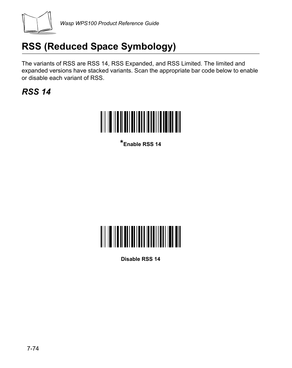 Rss (reduced space symbology), Rss 14, Rss (reduced space symbology) -74 | Rss 14 -74 | Wasp Bar Code WPS100 User Manual | Page 194 / 466