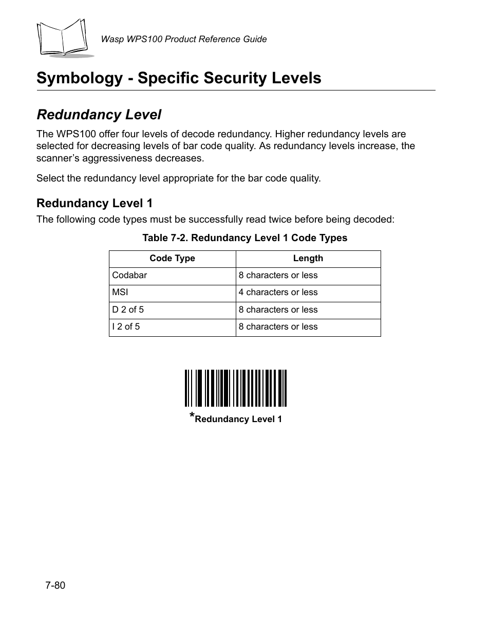 Symbology - specific security levels, Redundancy level, Symbology - specific security levels -80 | Redundancy level -80, Redundancy level 1 | Wasp Bar Code WPS100 User Manual | Page 200 / 466