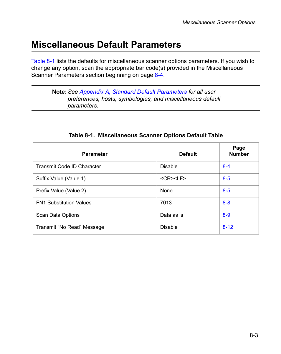 Miscellaneous default parameters, Miscellaneous default parameters -3, Miscellaneous scanner options | Default table | Wasp Bar Code WPS100 User Manual | Page 209 / 466