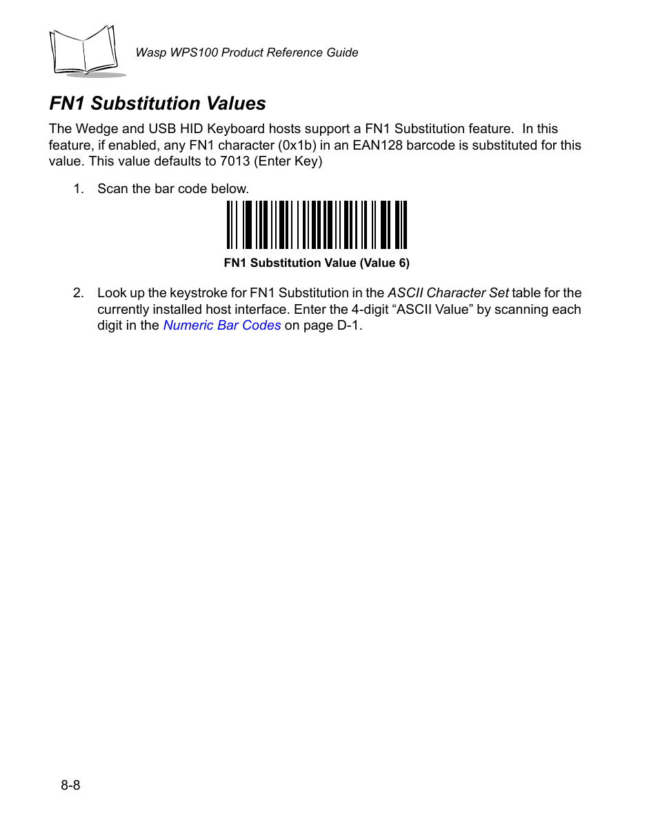 Fn1 substitution values, Fn1 substitution values -8 | Wasp Bar Code WPS100 User Manual | Page 214 / 466