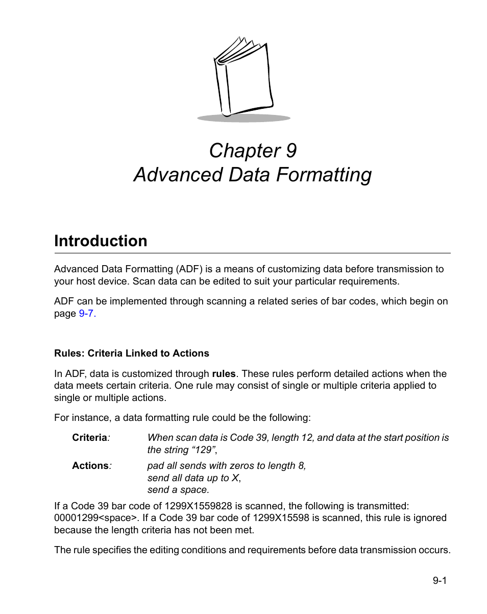 Chapter 9 advanced data formatting, Introduction, Chapter 9. advanced data formatting | Introduction -1, Chapter 9, advanced data formatting | Wasp Bar Code WPS100 User Manual | Page 219 / 466