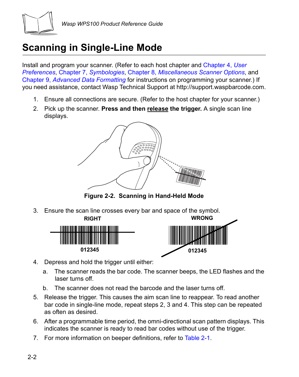 Scanning in single-line mode, Scanning in single-line mode -2 | Wasp Bar Code WPS100 User Manual | Page 22 / 466