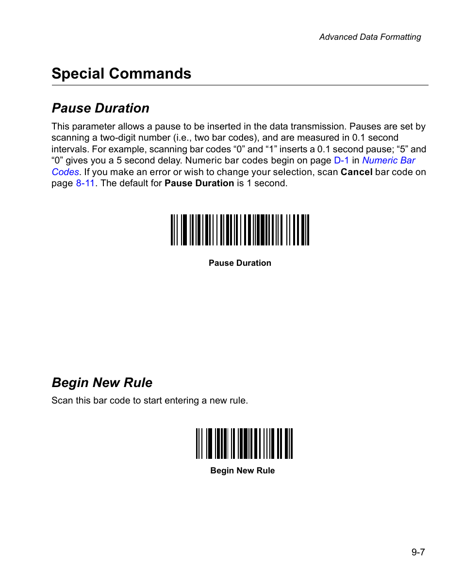 Special commands, Pause duration, Begin new rule | Special commands -7, Pause duration -7 begin new rule -7 | Wasp Bar Code WPS100 User Manual | Page 225 / 466